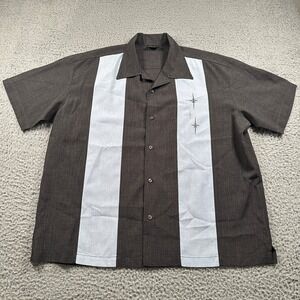 Steady Classics Men's Casual Button‎ Down Bowling Shirt XL Black White Striped